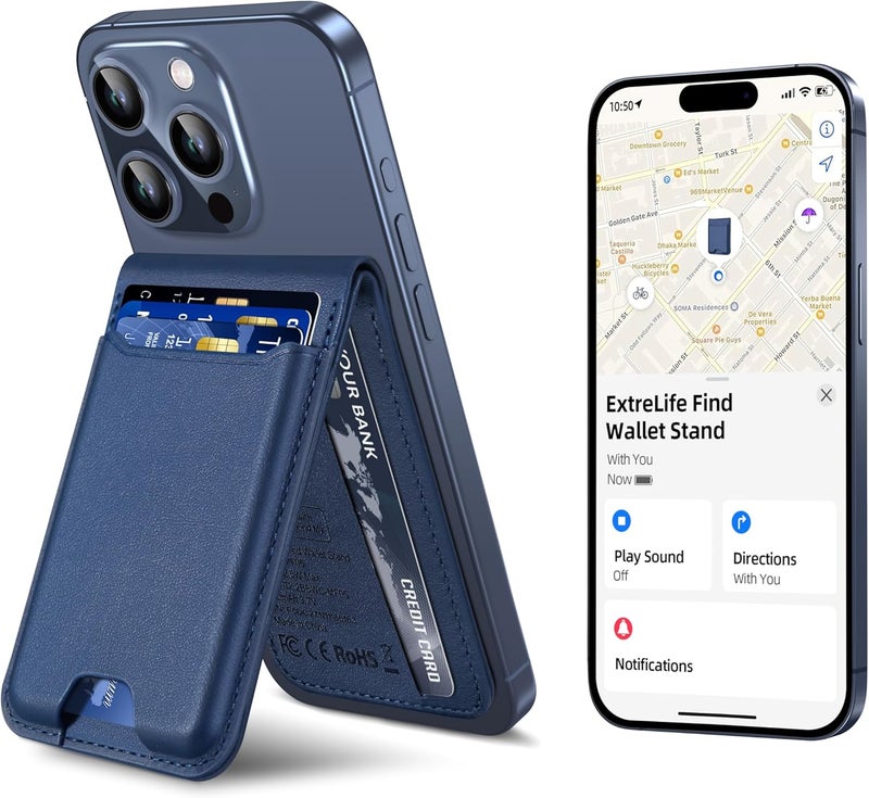 ExtreLife for Magsafe Wallet, Works with Apple Find My, Strongest Magnetic Wallet for iPhone 17/16/15/14/13/12 Series, Adjustable Stand, WalletTracker, 6 Cards Holder, Vegan Leather, Blue - Image 1